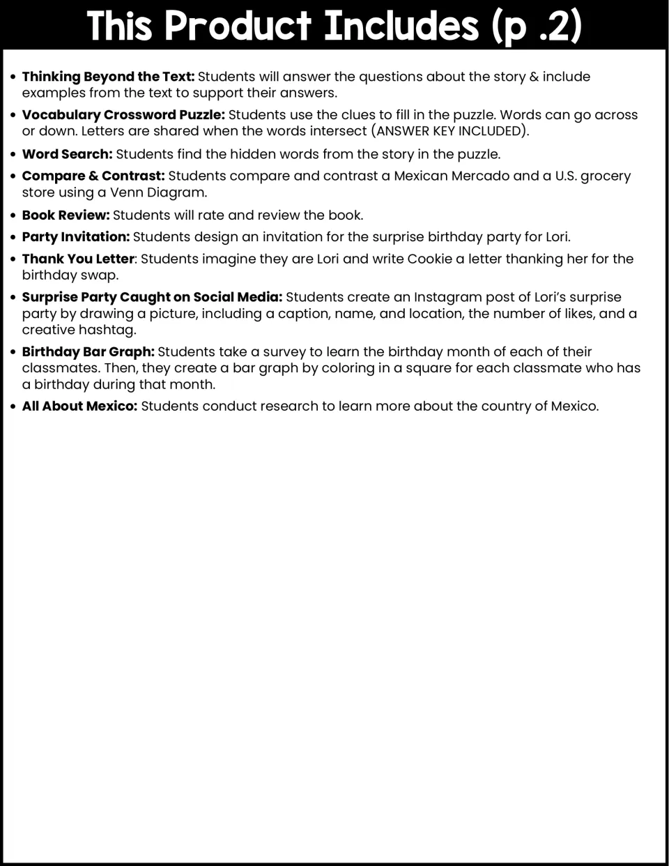 Activity list, part 2: text questions, vocabulary puzzles, comparisons, party writing, and Mexico research.