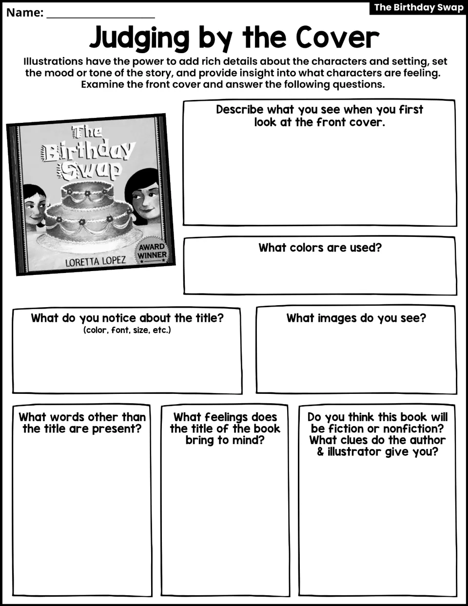 Judging by the Cover activity asks about cover images, colors, title details, feelings, and fiction clues.