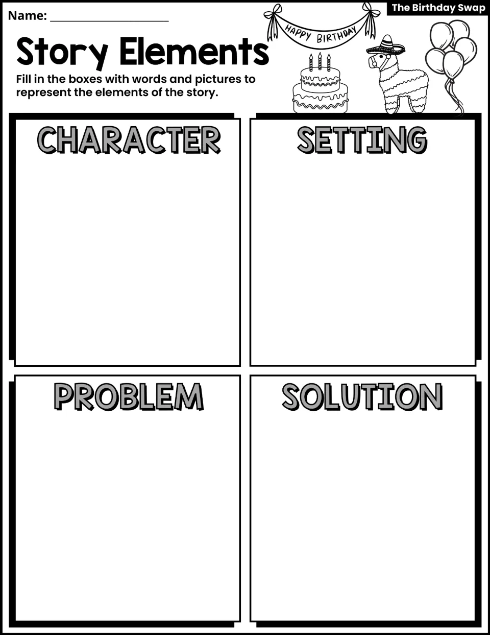 Story Elements activity asks students to represent the character, setting, problem, and solution in words and pictures.