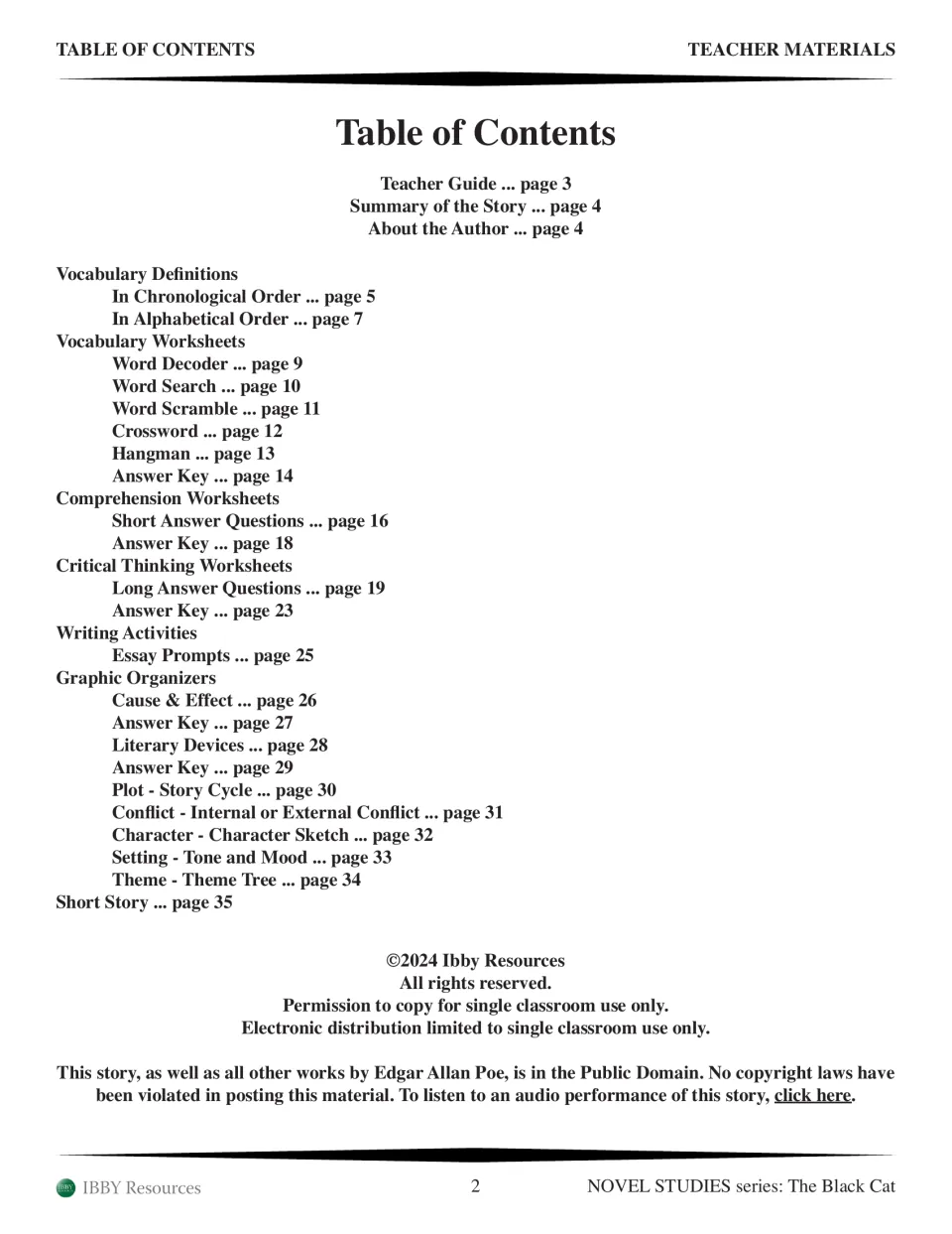 Study guide contents listing teacher materials, vocabulary puzzles, questions, organizers, and story pages