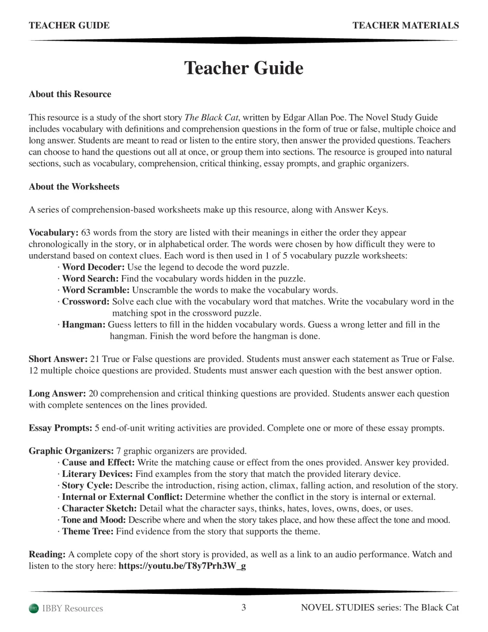 Teacher guide explaining 63 vocabulary words, five puzzles, comprehension questions, and seven graphic organizers