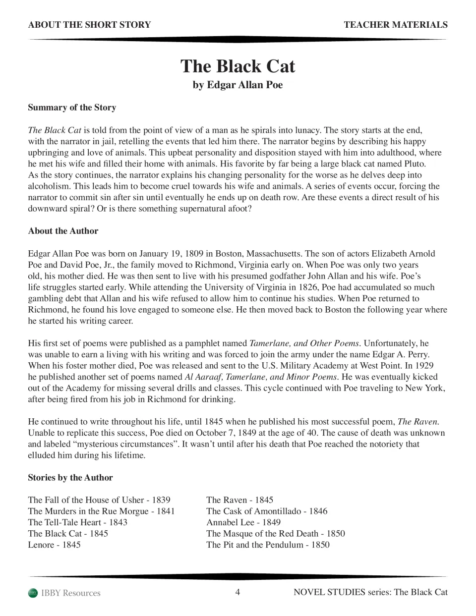 Teacher background reading summarizing the narrator’s downfall, Poe’s biography, and a list of his works
