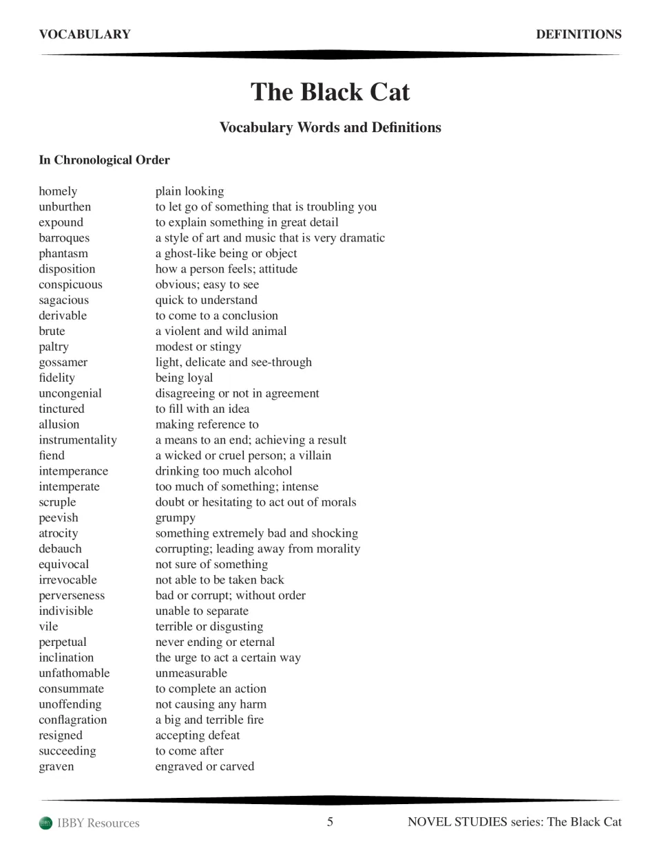 First chronological vocabulary list defining story words from homely through graven, including phantasm