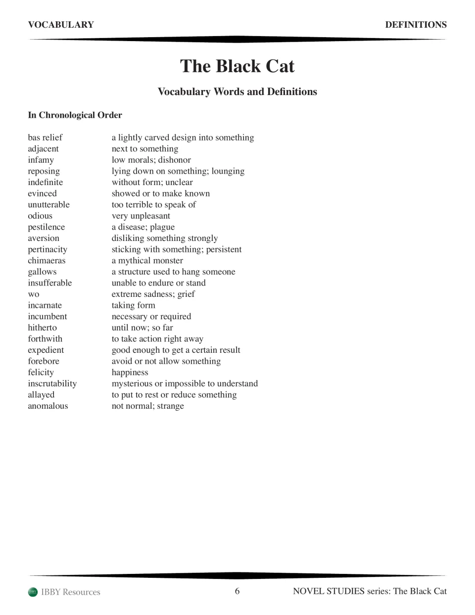 Second chronological vocabulary list defining story words from bas relief through anomalous, including gallows