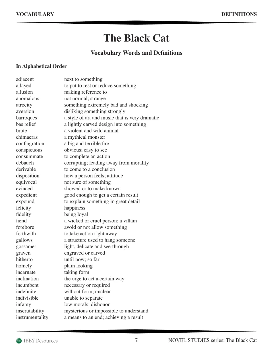 First alphabetical vocabulary list defining adjacent through instrumentality, including allusion and fidelity