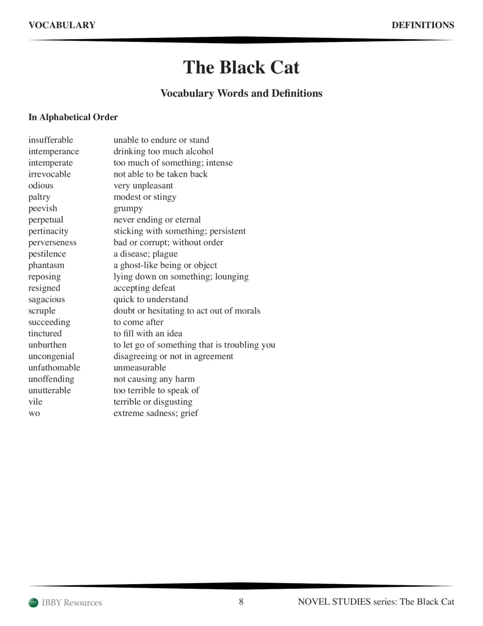 Second alphabetical vocabulary list defining insufferable through wo, including perverseness and scruple