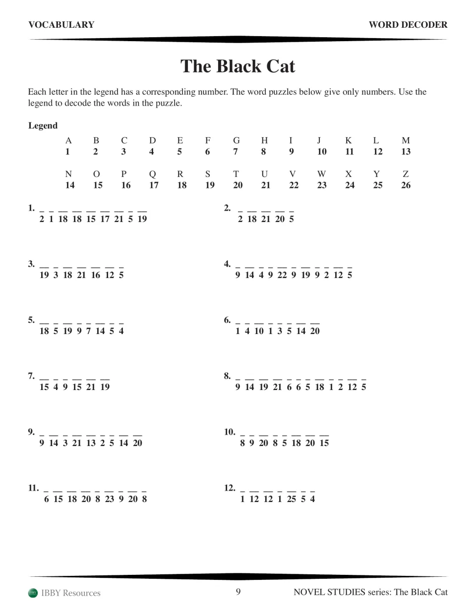 Vocabulary word decoder using an A–Z number legend to solve 12 words, with each letter numbered 1 through 26