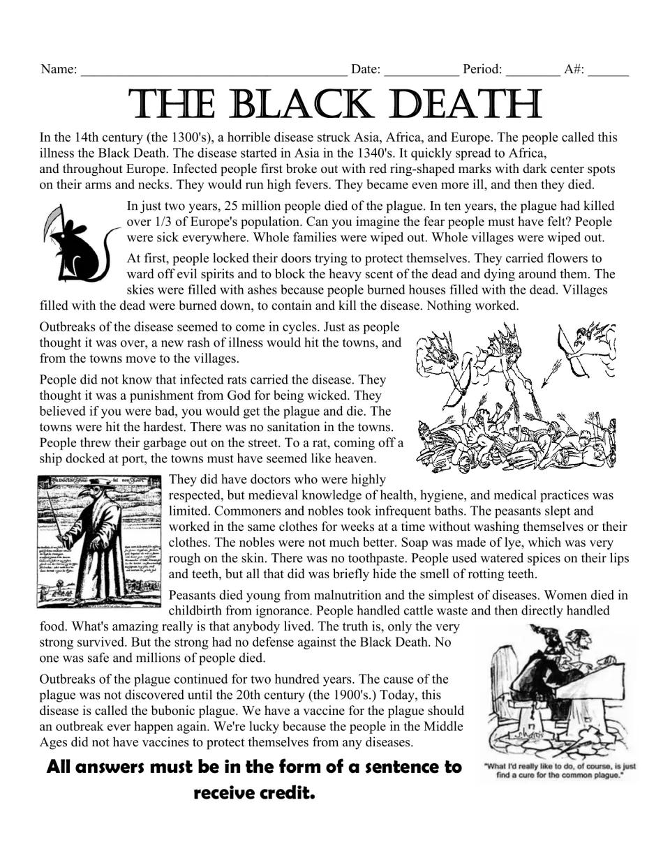 Black Death reading: students read about the 1300s plague's spread, symptoms, death toll, poor hygiene and rat carriers