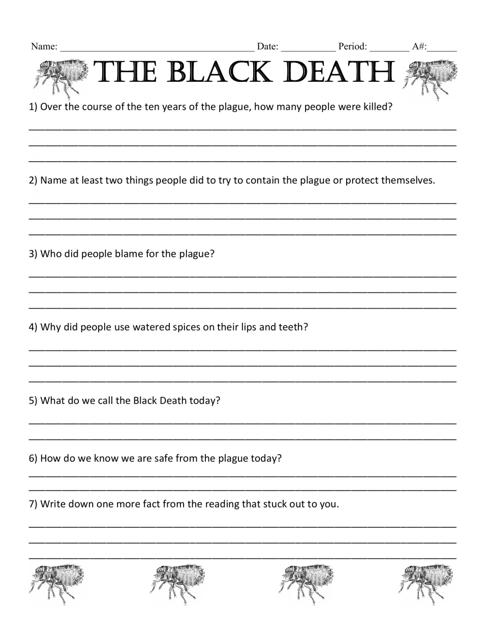 Black Death questions: students write full-sentence answers to 7 questions on the plague's toll, blame, spices and vaccine