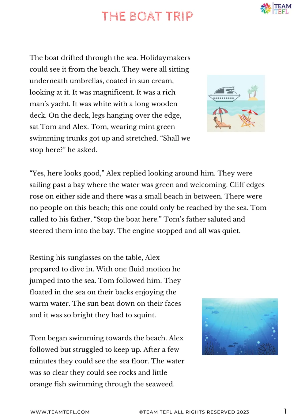 The Boat Trip story opening: Tom and Alex stop at a secluded bay, swim toward the beach, and spot fish.