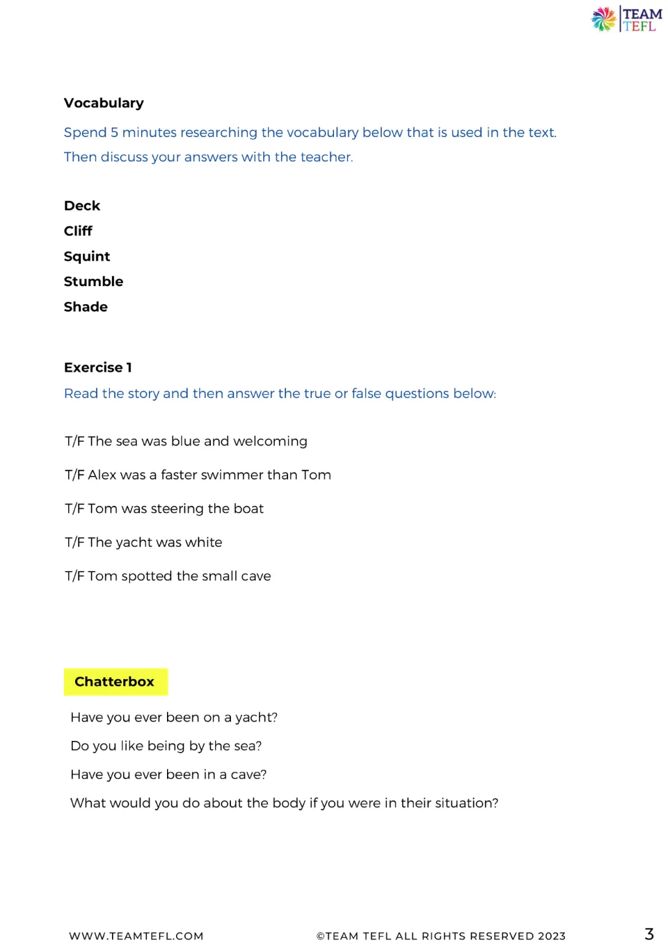 Story follow-up: vocabulary includes deck, cliff, squint, stumble, and shade, plus true-or-false questions.