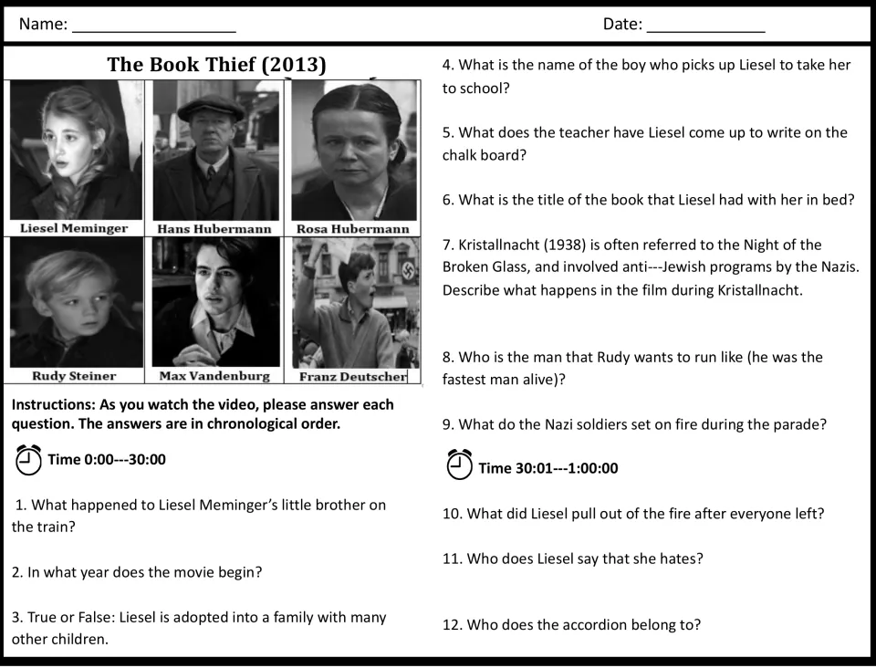 Movie guide questions 1–12: Liesel’s arrival, school, Kristallnacht, Rudy’s running hero, and book burning