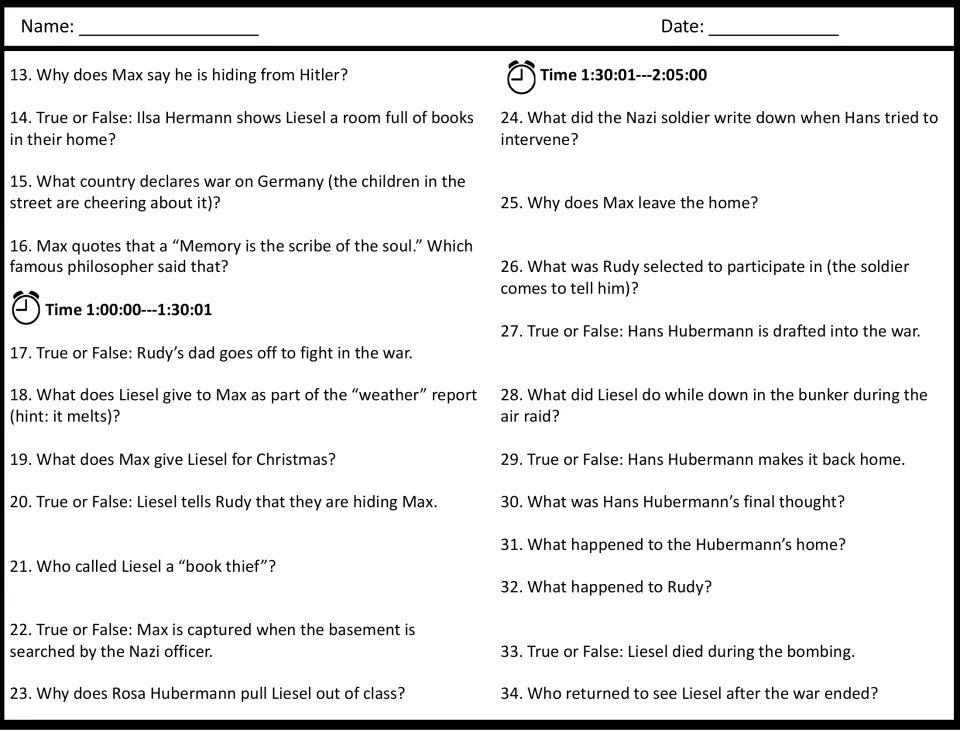 Movie guide questions 13–34: Max in hiding, gifts, Hans’s military service, the bombing, and a reunion