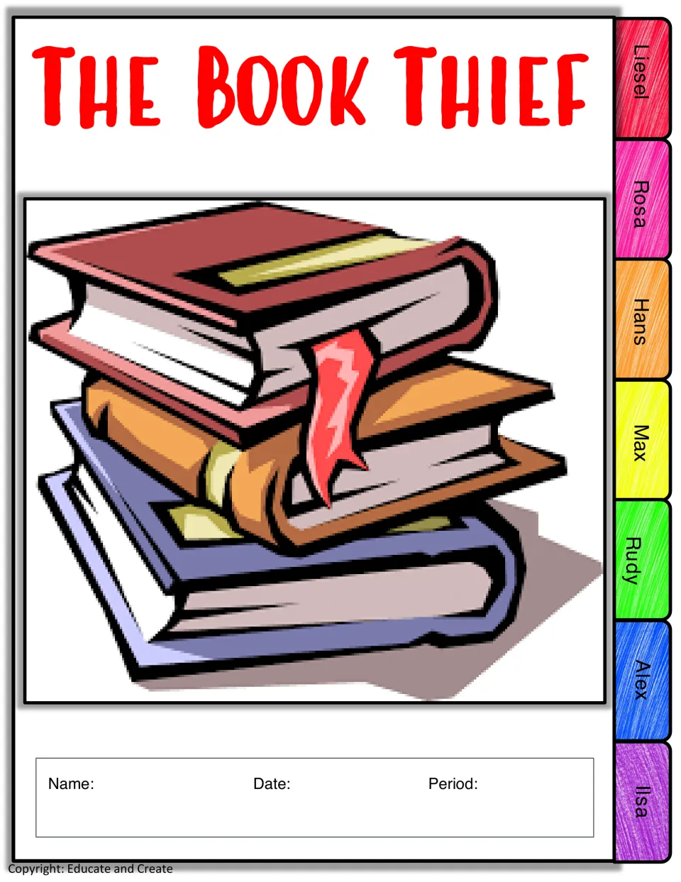 Flipbook cover: stacked-books clip art, Name/Date/Period line and tabs for Liesel, Rosa, Hans, Max, Rudy, Alex and Ilsa