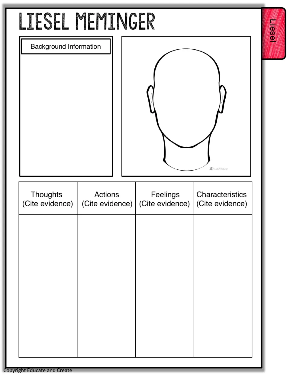 Liesel Meminger profile: students add background information, draw her face and cite evidence of thoughts and actions