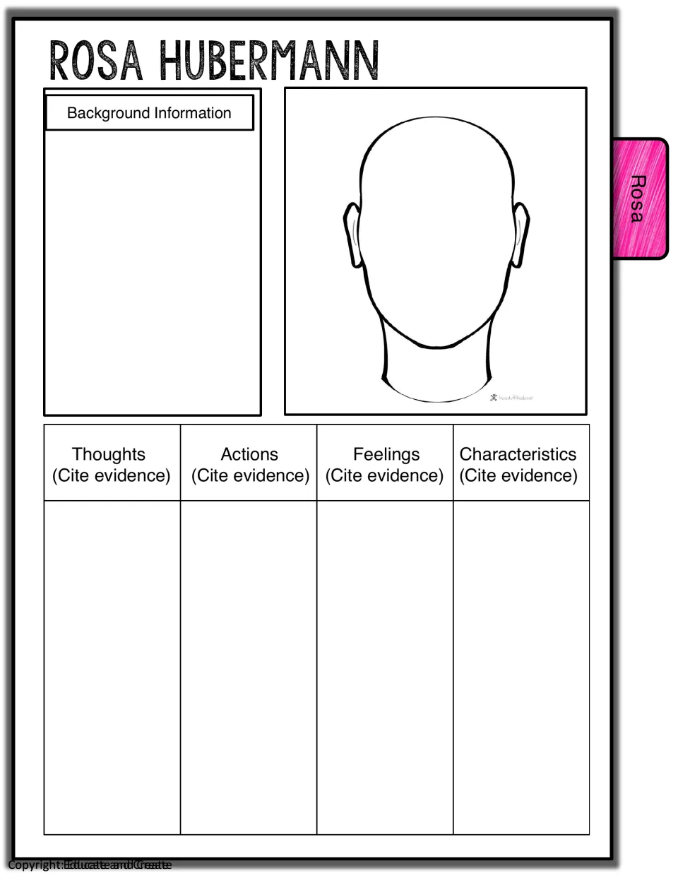 Rosa Hubermann profile: students note her background, sketch her face and cite text evidence for feelings and traits