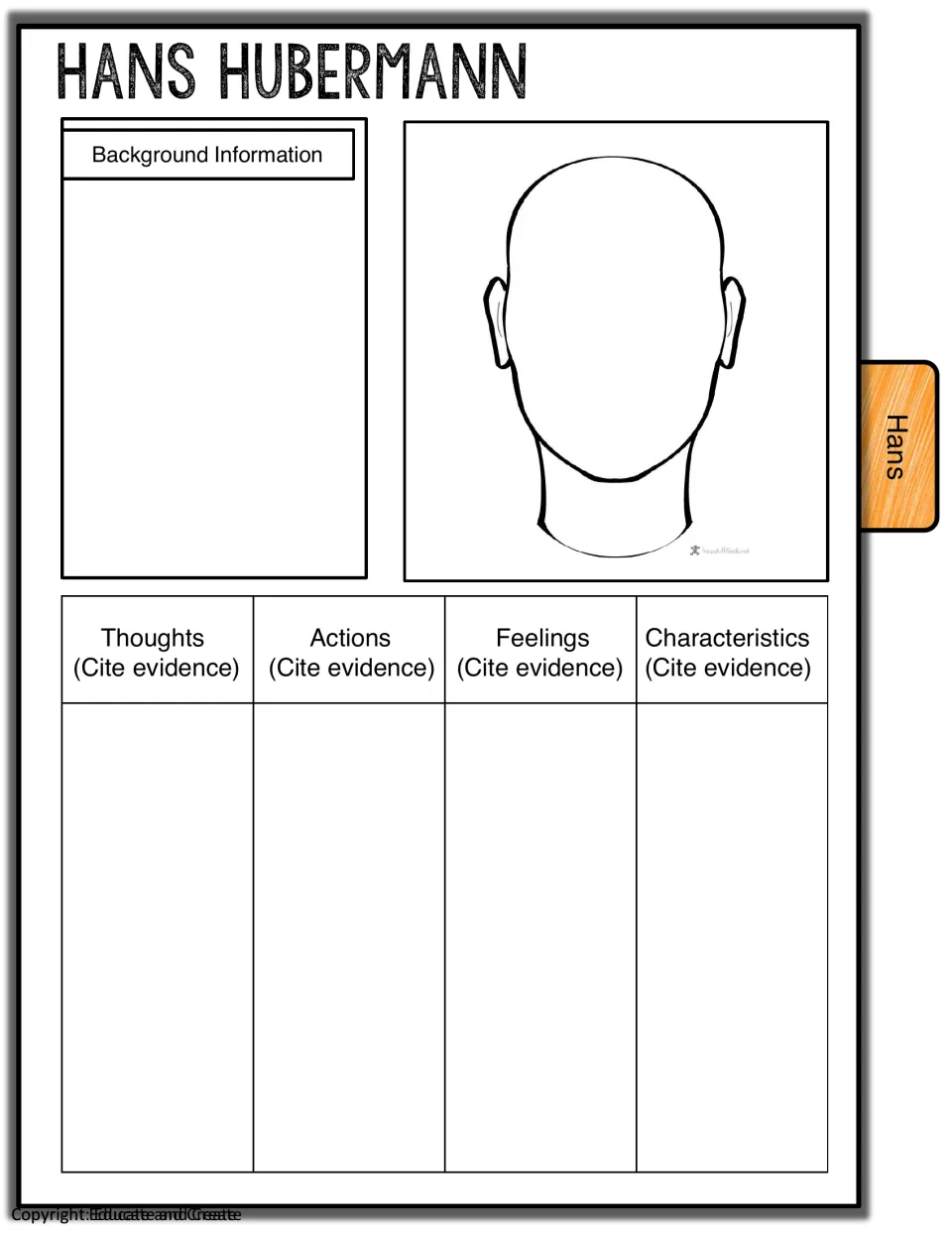 Hans Hubermann character analysis: background notes, face drawing and cited evidence of his thoughts, actions and traits