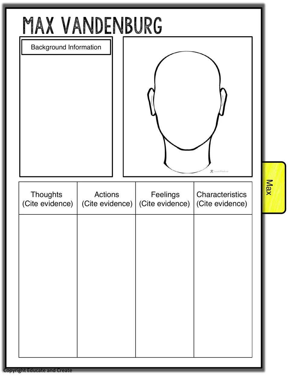 Max Vandenburg page: students record background details, draw his portrait and support each trait with cited evidence