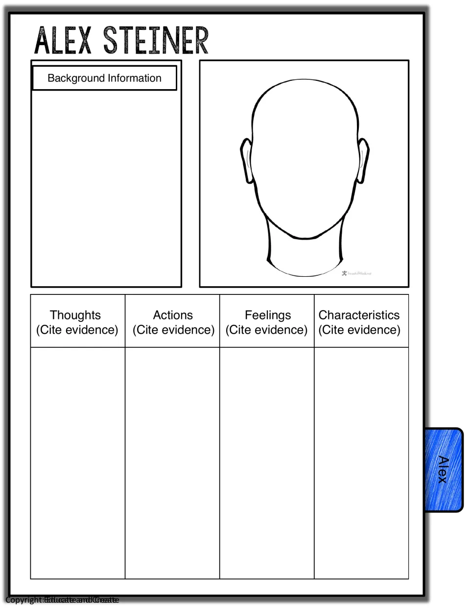 Alex Steiner profile: students jot background notes, draw a face and cite evidence for thoughts, feelings and traits