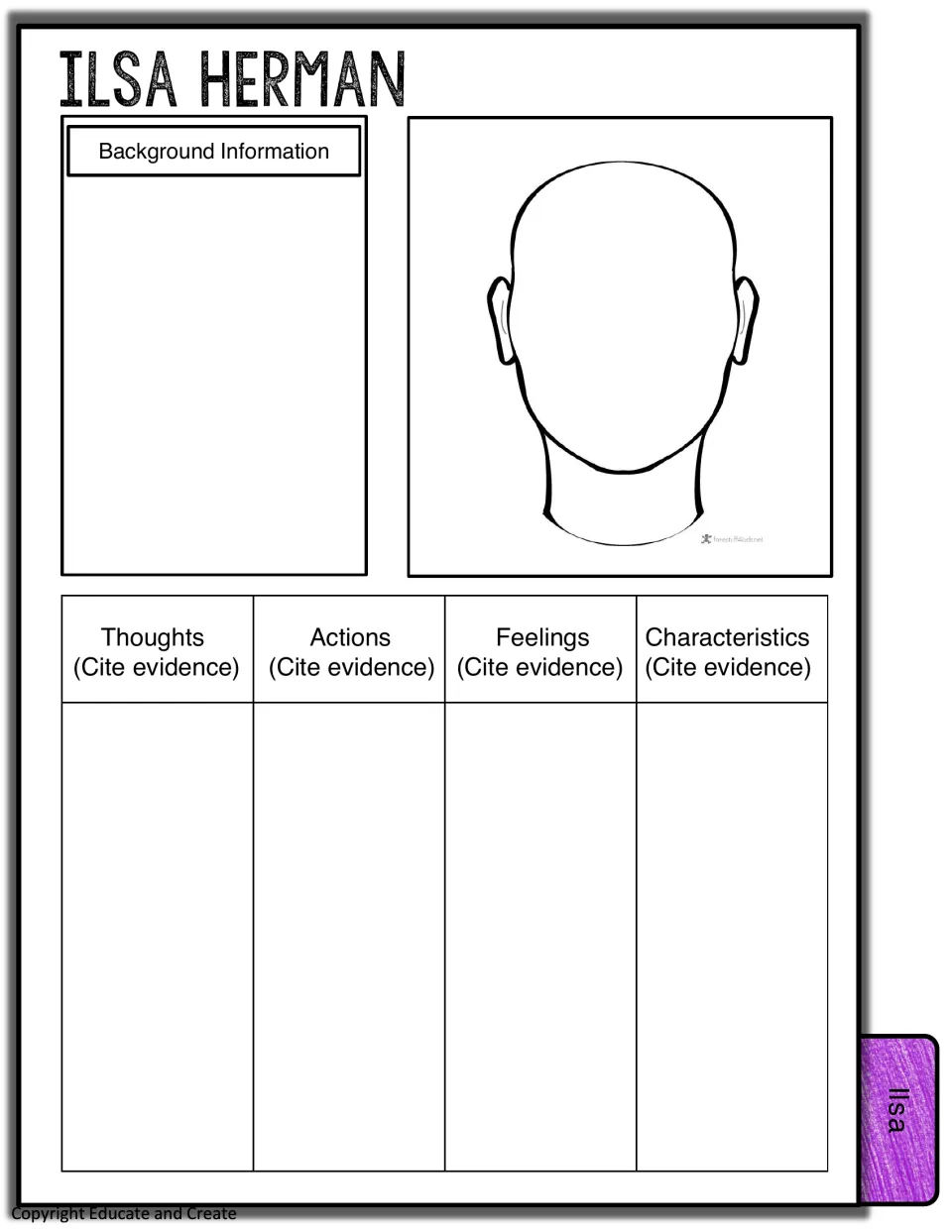 Ilsa Herman character page: students summarize her background, draw her and cite evidence of thoughts, actions and traits