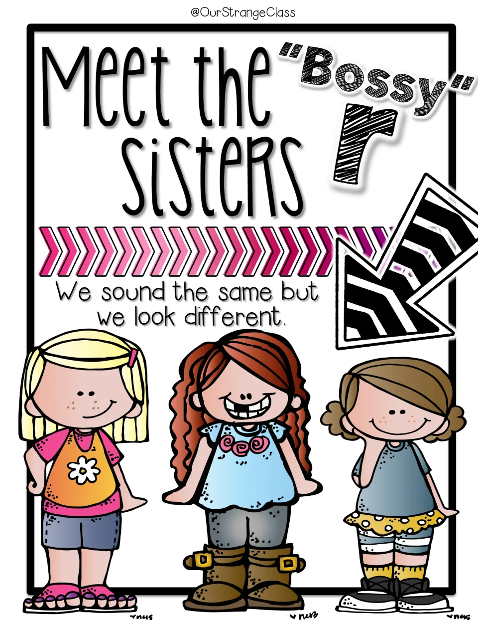 Phonics pack cover introduces the bossy r sisters with the message 'We sound the same but we look different.'