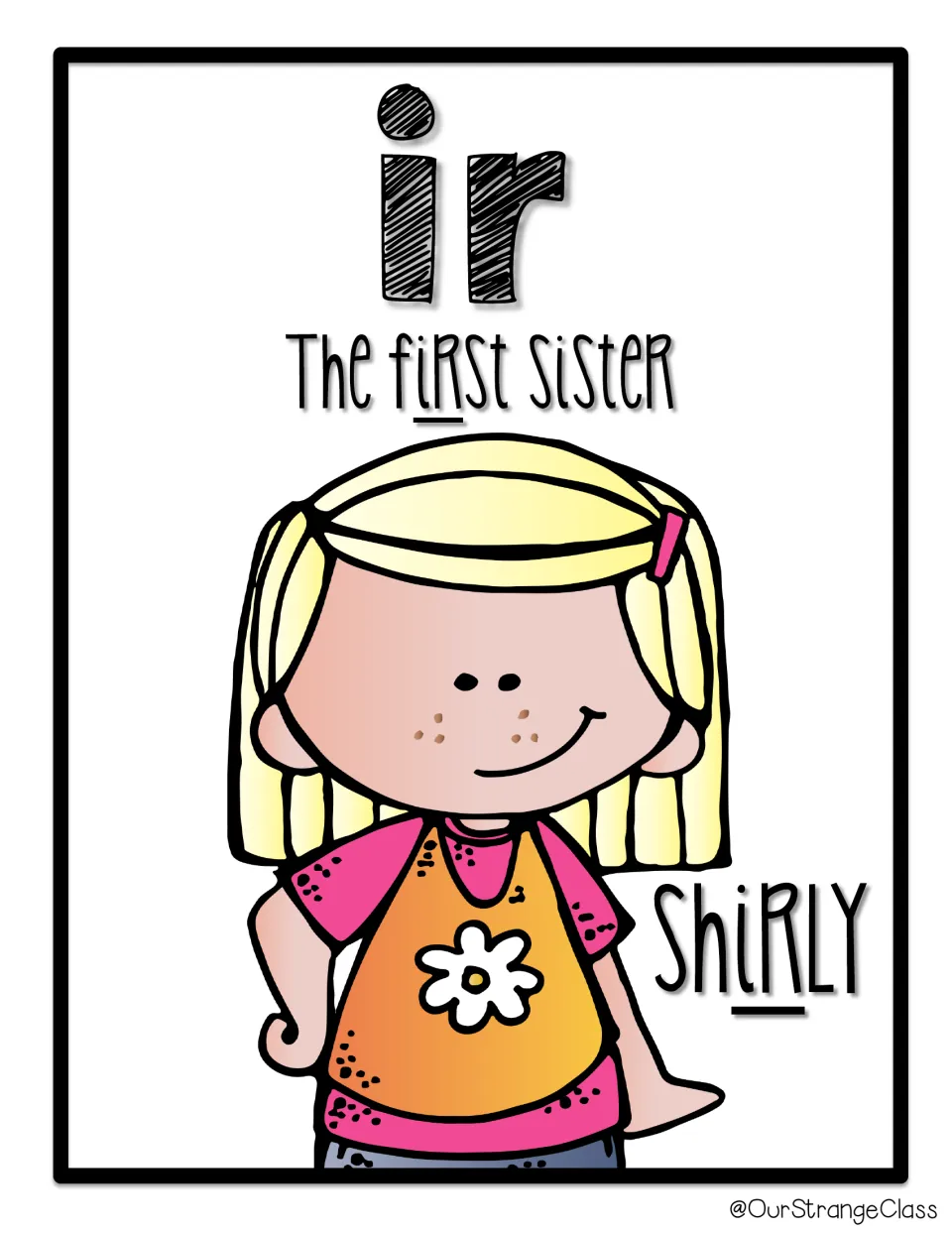 Bossy r poster introduces ir through Shirly, 'The first sister,' with ir underlined in first and Shirly.