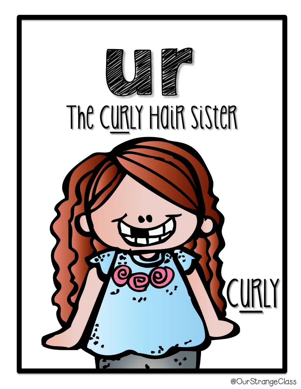 Bossy r poster introduces ur through Curly, 'The curly hair sister,' with ur underlined in her name.