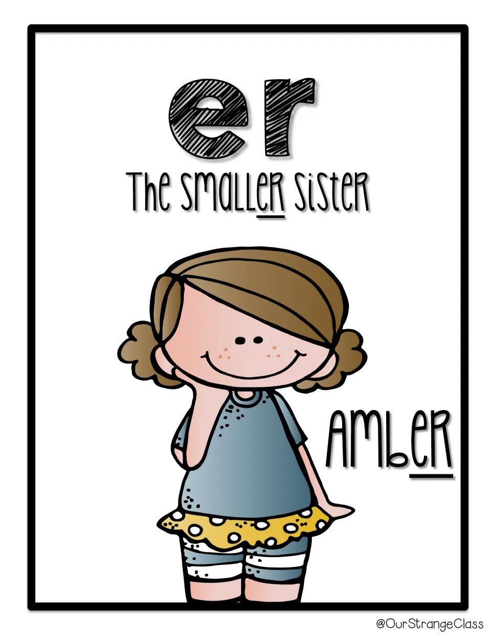 Bossy r poster introduces er through Amber, 'The smaller sister,' with er underlined in smaller and Amber.