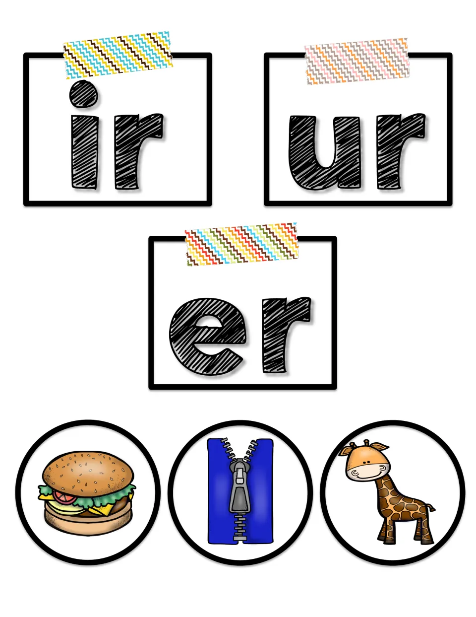 Bossy r card sheet includes ir, ur, and er spelling labels plus hamburger, zipper, and giraffe picture cards.
