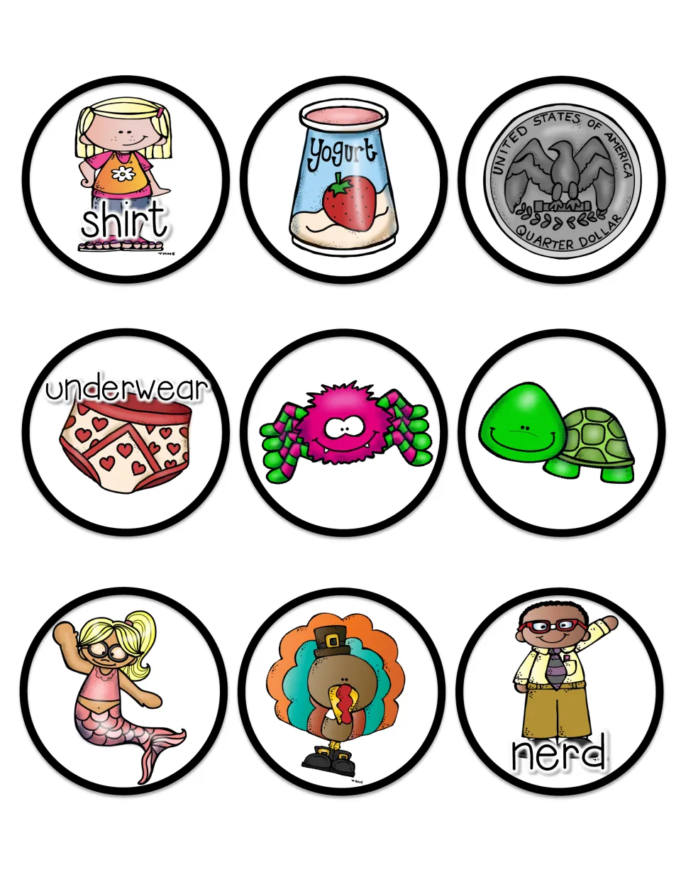 Bossy r picture cards 4–12: shirt, yogurt, quarter, underwear, spider, turtle, mermaid, turkey, and nerd.
