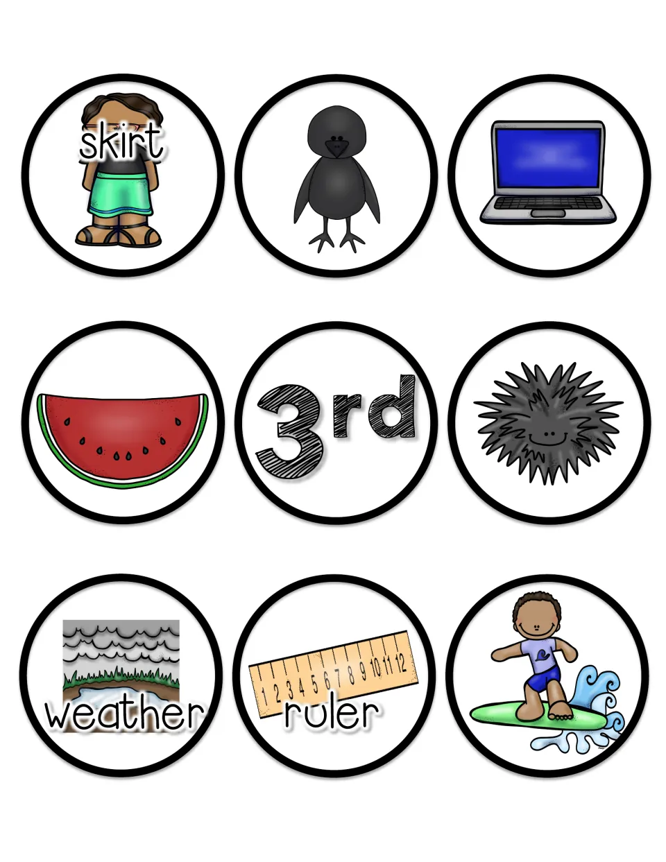 Bossy r picture cards 13–21 include skirt, bird, computer, watermelon, third, weather, ruler, and surfer.