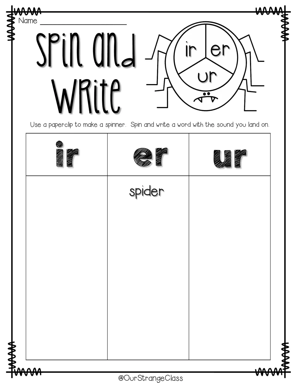 Spin-and-write activity uses a paperclip spinner labeled ir, er, and ur; spider is the example word under er.
