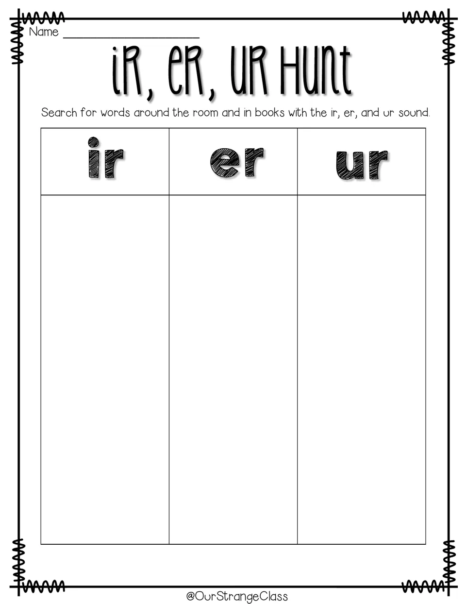 Word-hunt activity asks students to find ir, er, and ur words around the room and in books and record them.