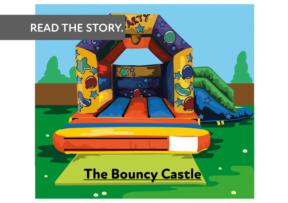 Story title page for The Bouncy Castle: a READ THE STORY. banner over an inflatable party castle in a back garden