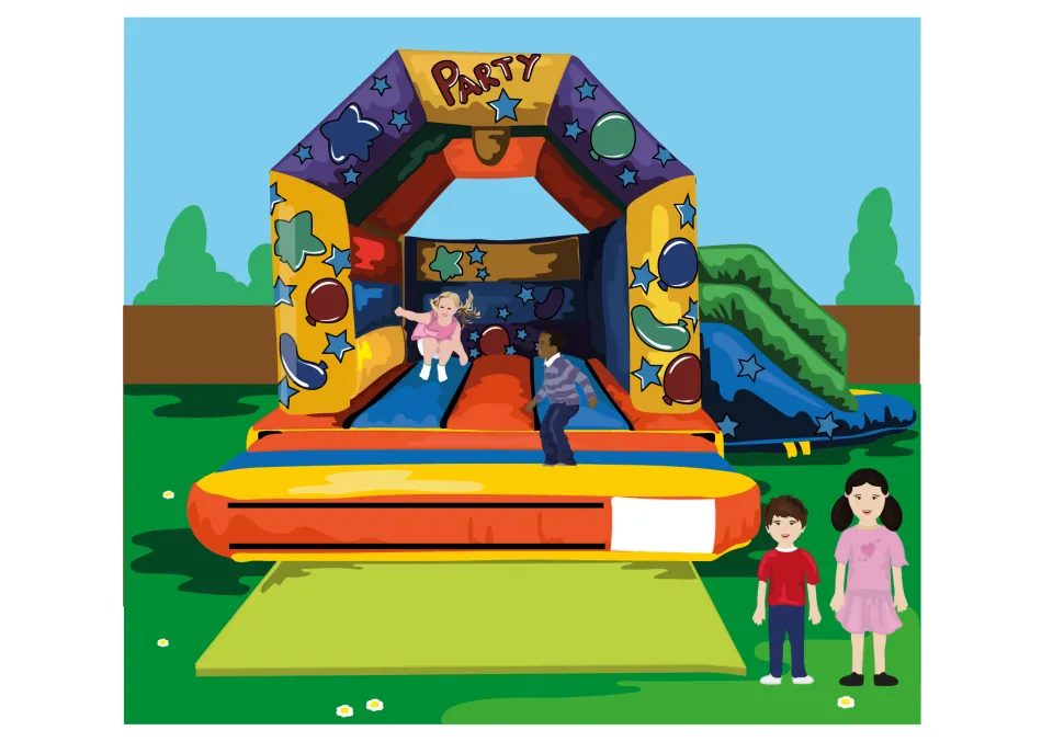 Story illustration: two children bounce inside a colourful PARTY bouncy castle while a boy and a girl stand watching