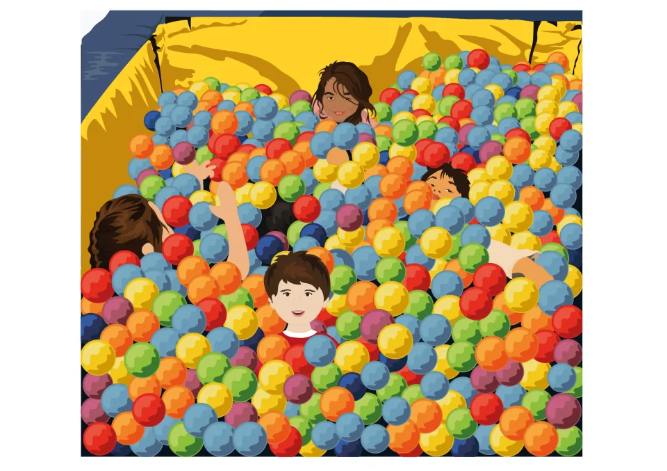 Story illustration: smiling children half buried in a ball pit full of red, blue, yellow, green and orange balls