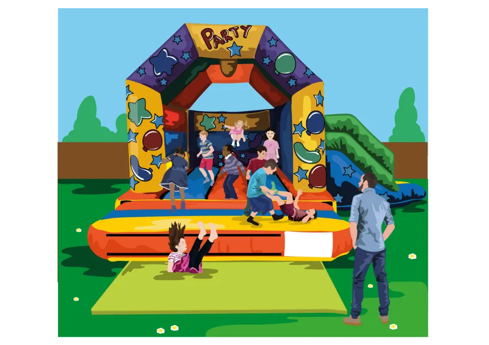 Story illustration: many children jump and tumble on the bouncy castle as a girl falls onto the mat and a man watches