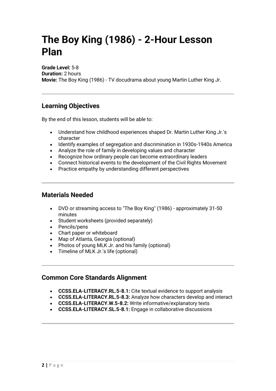 2-hour lesson plan on the 1986 MLK Jr. docudrama: learning objectives, materials list and Common Core standards