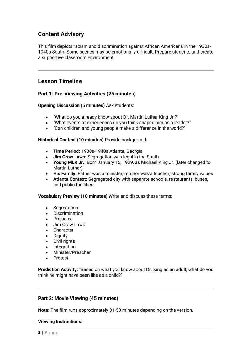 Content advisory and pre-viewing plan: opening questions, Jim Crow era context and 10 vocabulary terms like segregation