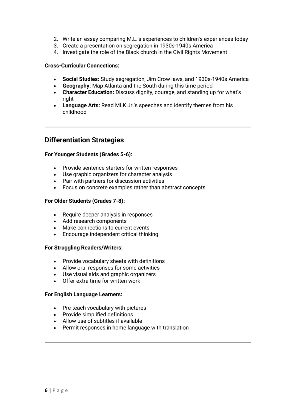 Cross-curricular links and differentiation strategies for grades 5-6, grades 7-8, struggling readers and English learners