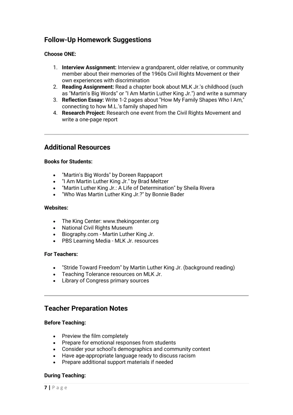 Follow-up homework choices, book and website lists about Dr. King, and teacher preparation notes for before teaching
