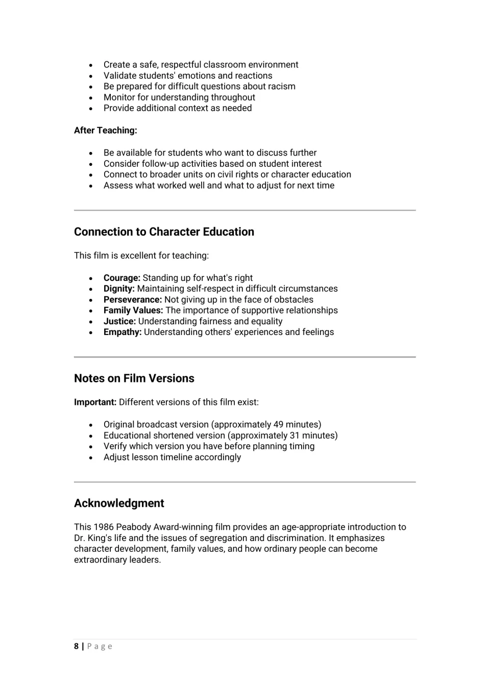 Teacher notes on handling discussions of racism, character education traits like courage, and short vs. full film versions