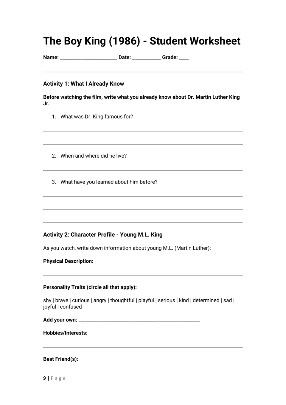 The Boy King student worksheet: students write prior knowledge of Dr. King, then build a character profile of young M.L.