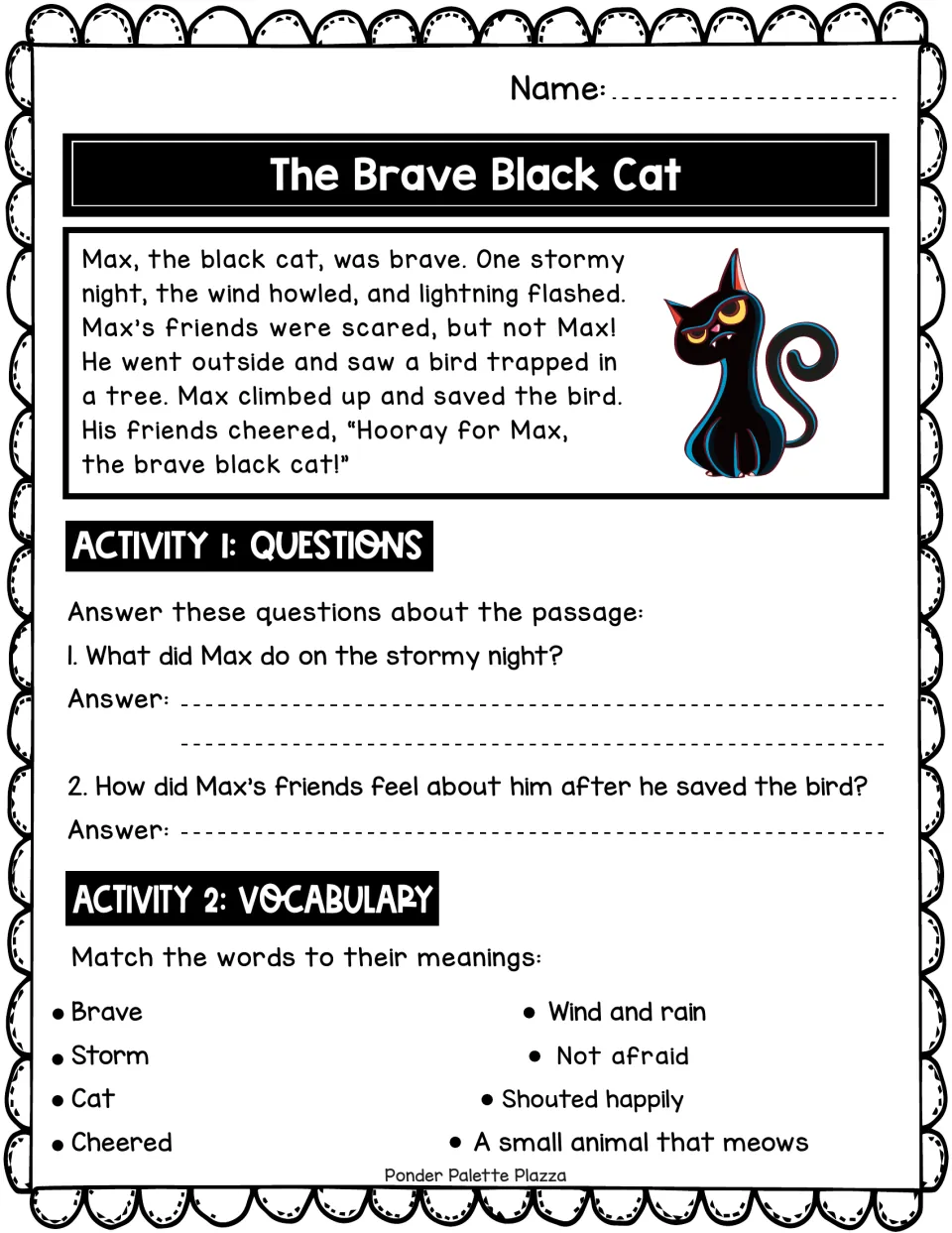 Reading passage about Max rescuing a bird during a storm, followed by questions and vocabulary matching.