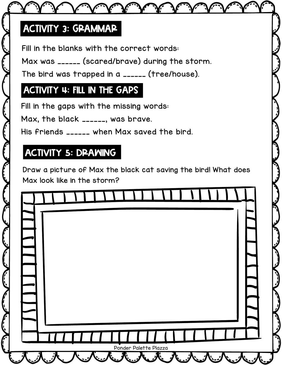 Follow-up activities for Max's story: word choices, missing words, and drawing the cat saving the bird.