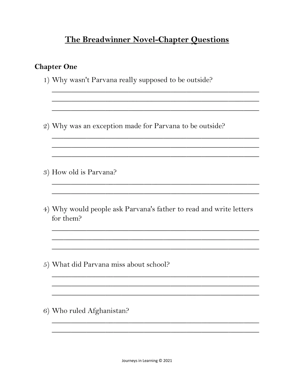 Chapter One comprehension: students write answers on why Parvana must stay indoors, her age and her father's letter work