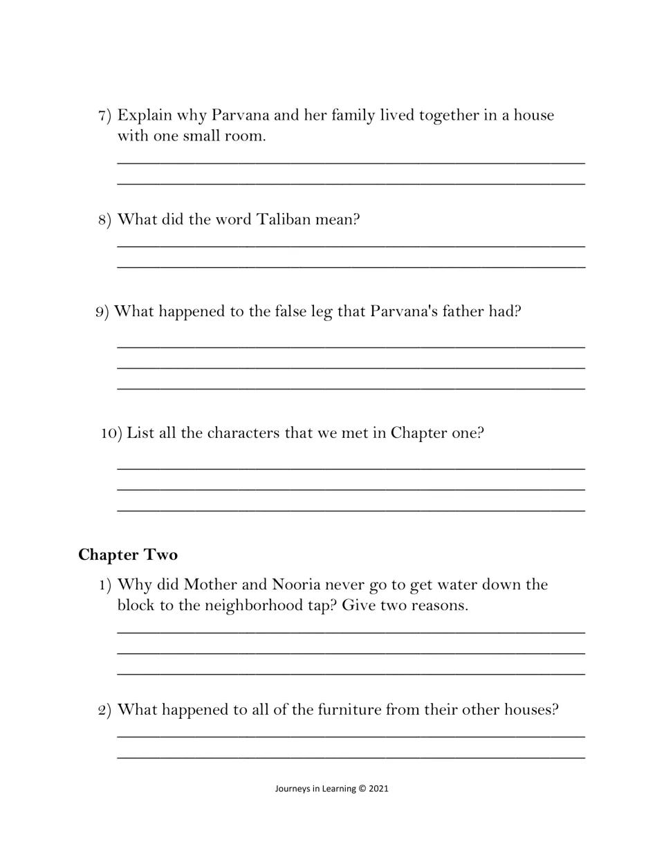 Chapter 1 wrap-up and Chapter 2 start: questions on the one-room home, the false leg, characters met and the water tap