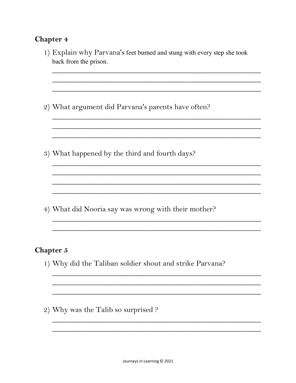 Chapters 4 and 5: students explain Parvana's burning feet, her mother's condition and why a Taliban soldier struck her