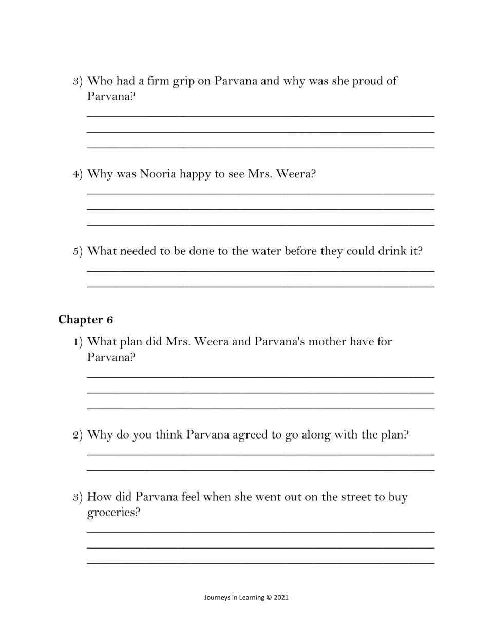 Chapters 5 and 6: questions on Mrs. Weera, preparing drinking water, the plan for Parvana and her first grocery trip