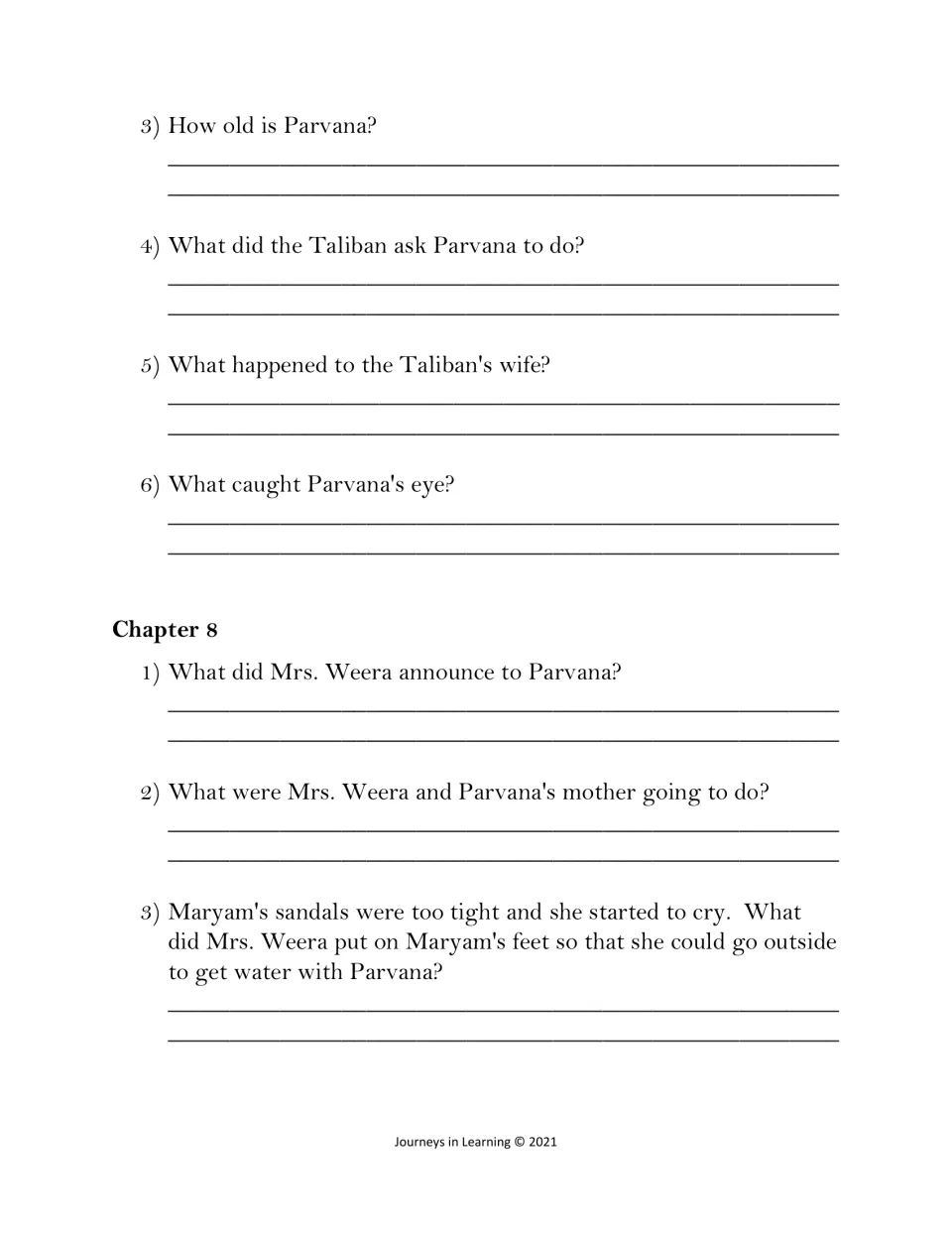 Chapters 7 and 8: questions on the Talib's request, what caught Parvana's eye and Mrs. Weera's plan with her mother